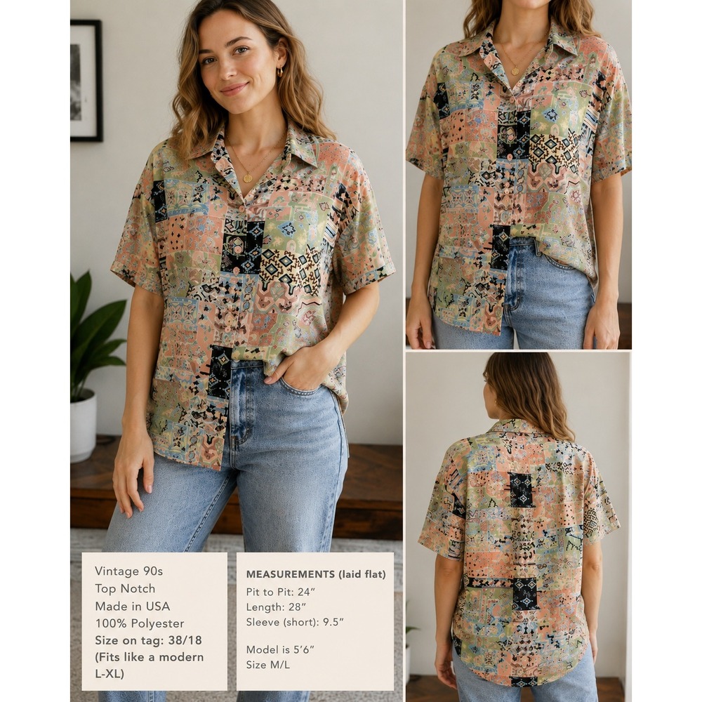 Vintage Top Notch 80s Geometric Patchwork Button Up Short Sleeve Pastel L XL